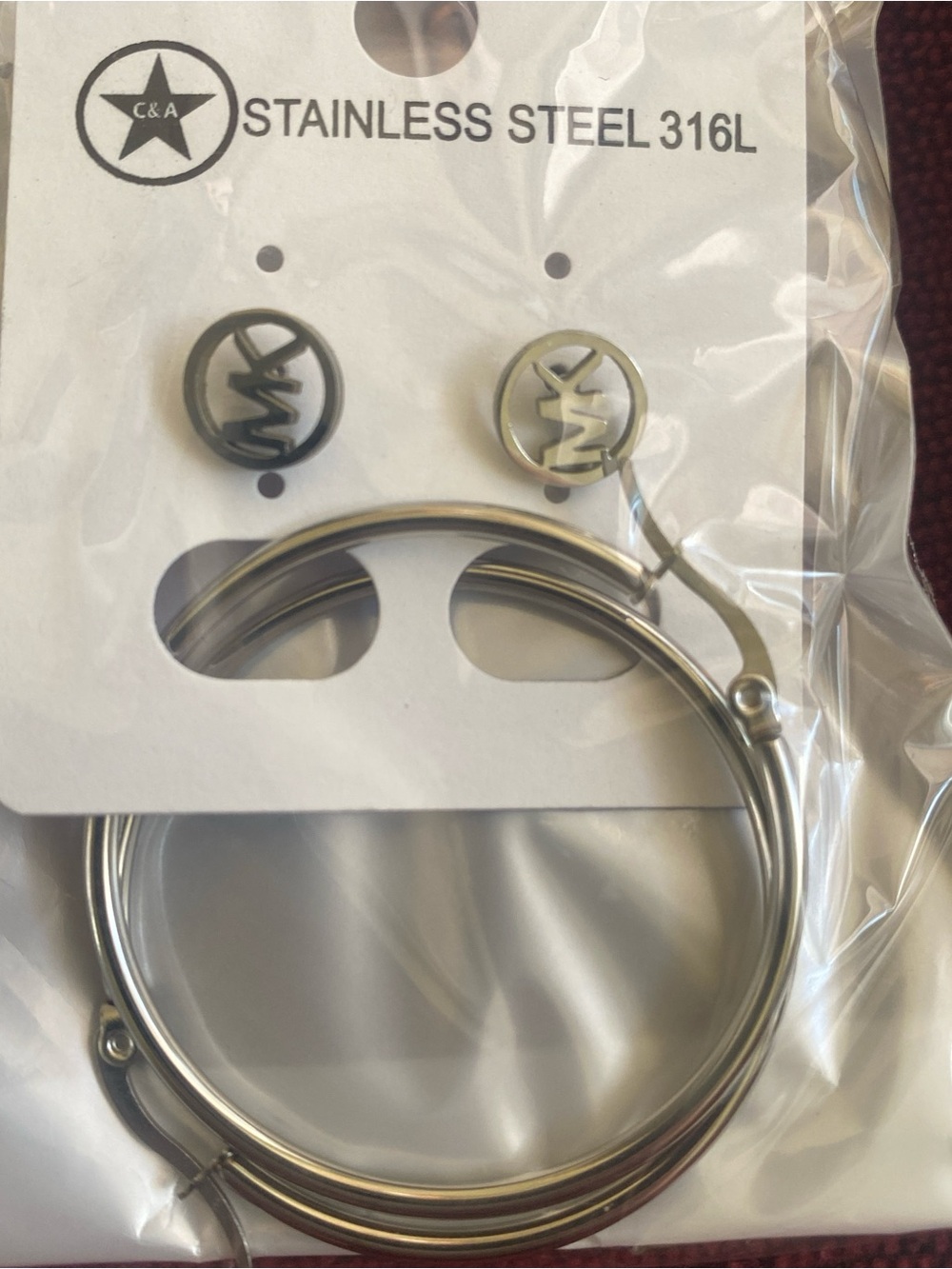 Stainless Steel Hoop Earrings with Logo Studs - Silver
